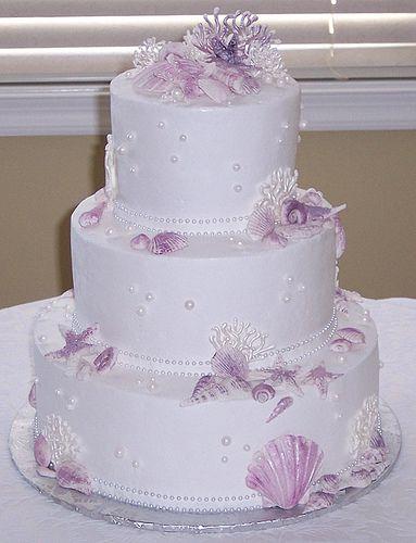 Wedding - Purple Seashells & Coral - 3 Tier Wedding Cake - Knot For Life