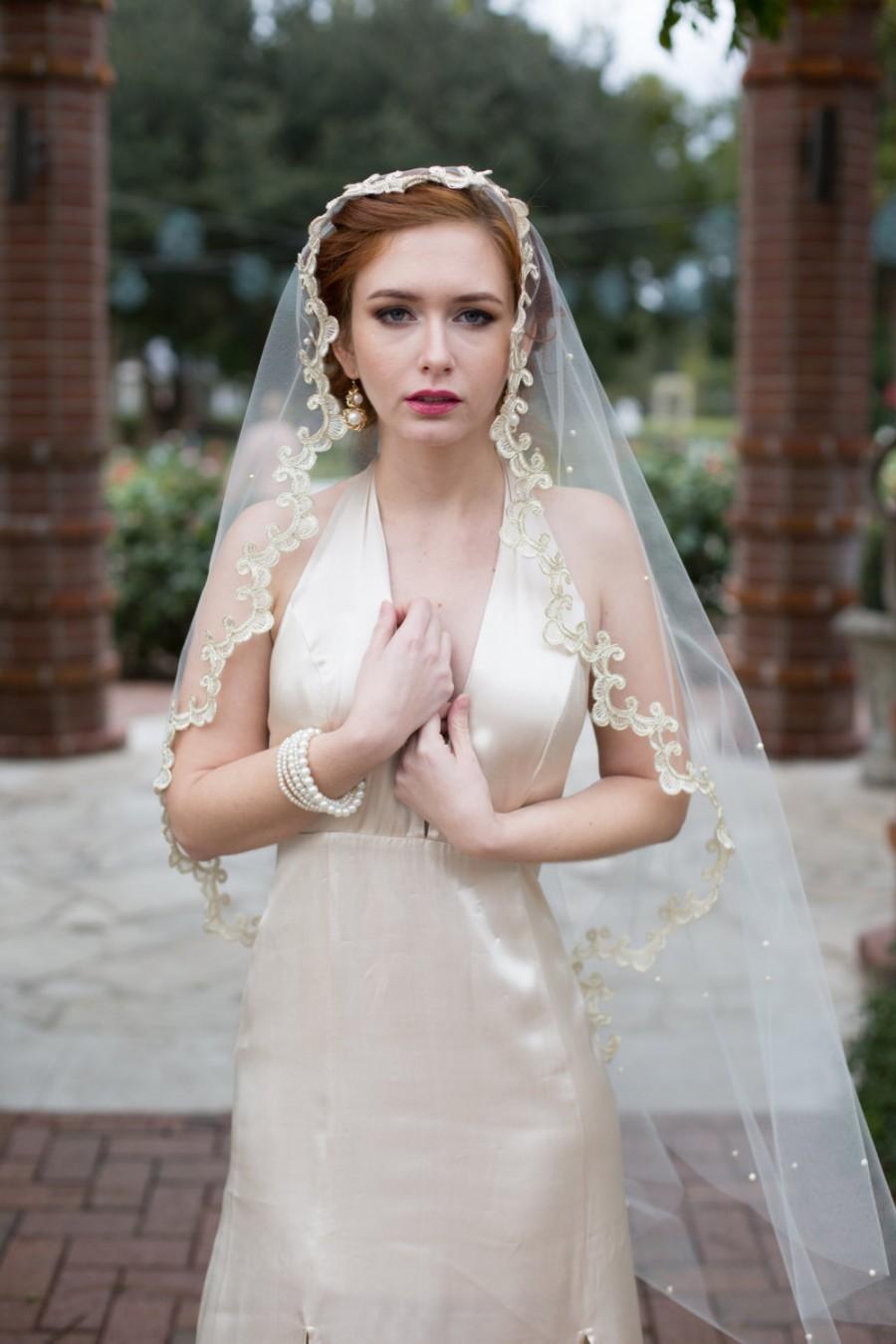 Свадьба - Mantilla veil with metallic gold Alencon lace border and Swarovski cream and light gold pearls scattered throughout "Harper"