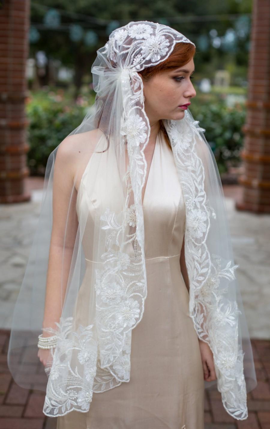 Wedding - Juliet cap bohemian bride veil with feather like ivory beaded lace surrounding "Kate"