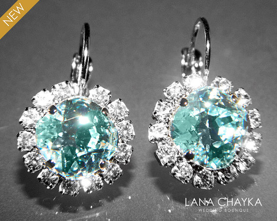Hochzeit - Light Azore Halo Crystal Earrings Swarovski Rhinestone Silver Earrings Ice Blue Leverback Hypoallergenic Earrings Bridesmaid Jewelry Wedding