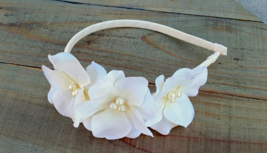 Hochzeit - Small Hydrangea Flower Fascinator Headband Crown Hair Piece Floral Flower Girl Rhinestone Pearl Head Band White, Ivory, Burgundy, Purple