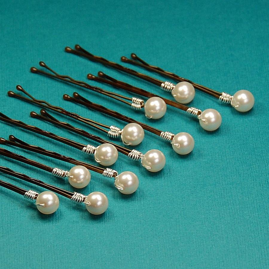 زفاف - Ivory Pearl Bobby Pins, Hair Accessory, Swarovski Creamrose Light 8 mm Crystal Pearls on Bronze Hair Pins, Set of 12, Bridal Hair Pins