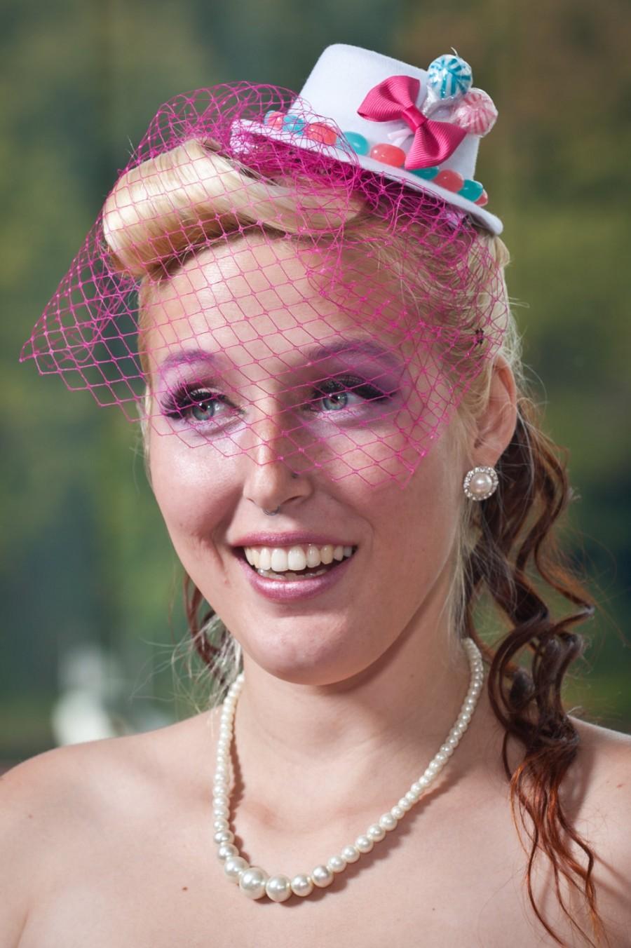 Hochzeit - Mini Pink and Blue Candy Top Hat Birdcage Veil, Veil, Bridesmaid, Candy, Pink, Mini Top Hat, Wedding, Birdcage, Accessory, Pink Wedding