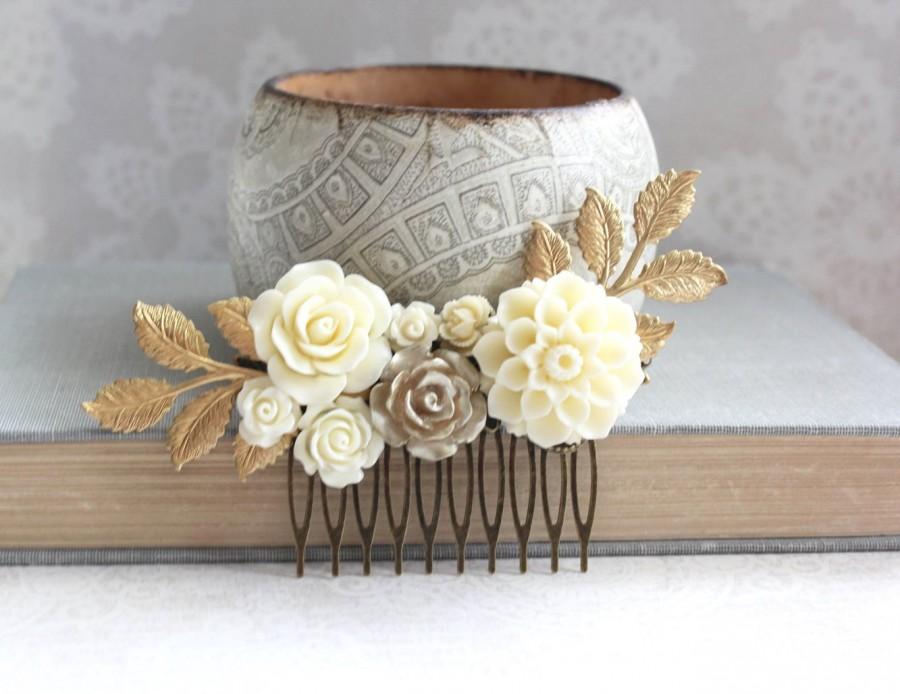 Mariage - Gold Ivory Cream Bridal Hair Comb Vintage Style Country Chic Wedding Bridesmaid Gift Chrysanthemum Dahlia Rose Floral Hair Piece Gold Branch