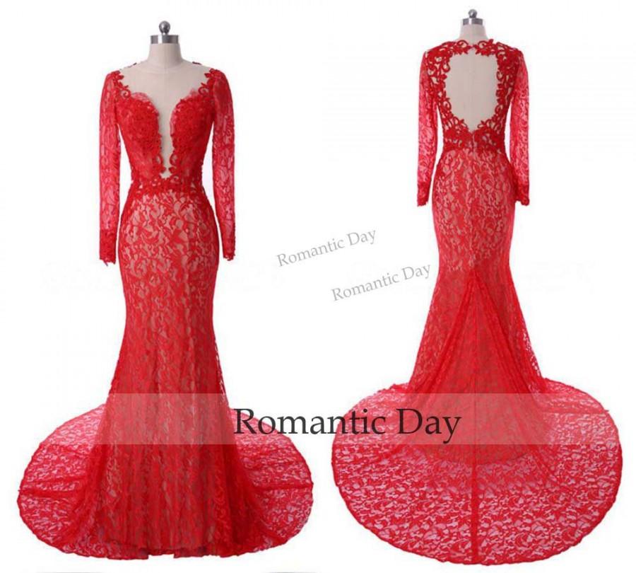 زفاف - New Arrival Red Mermaid Evening Dress Long Sleeve Backless Women Prom Gowns Appliques Open Back 2016 0516