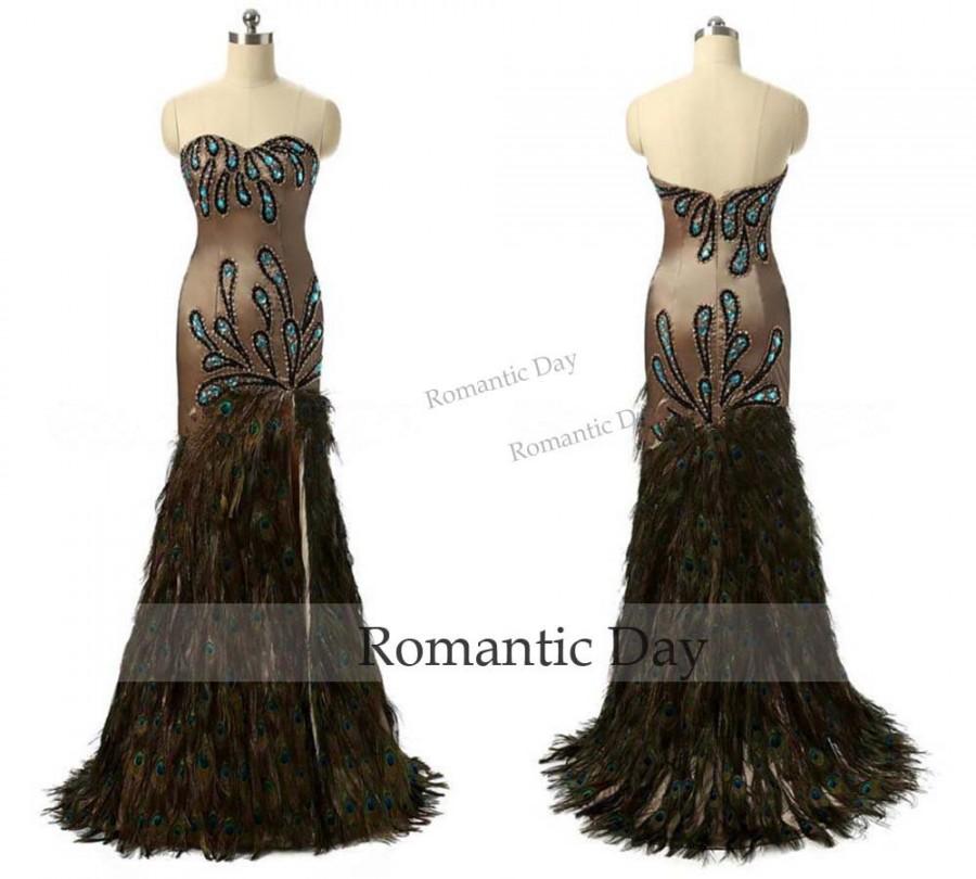 زفاف - Peacock Dress Sweetheart Feather Mermaid Formal Evening Gown 2016 Long Prom Gowns Mother of the Bride Dresses Side Slit 0524