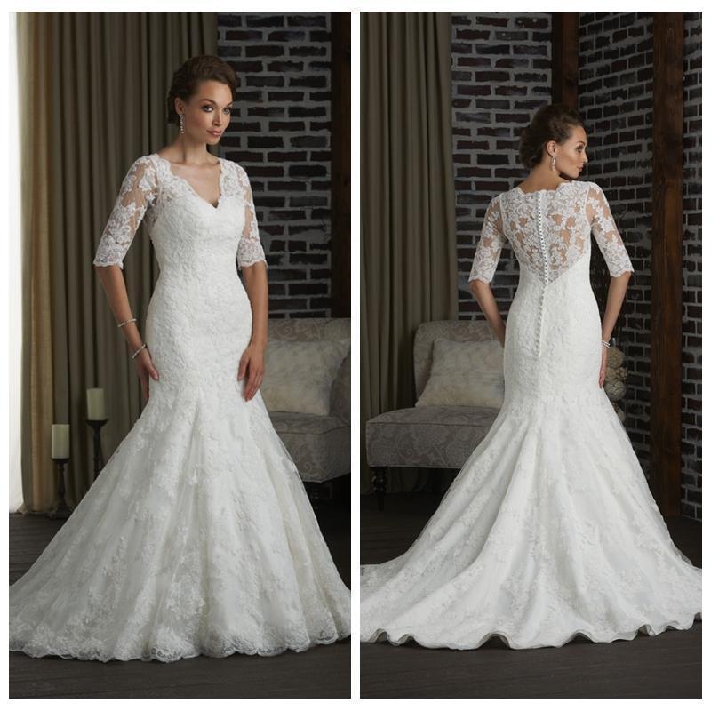 Wedding - Vintage Half Sleeve Mermaid Wedding Dresses Full Lace Sheer V-Neck 2016 Fall Illusion Applique Bridal Gowns Winter Chapel Train Custom Online with $113.09/Piece on Hjklp88's Store 