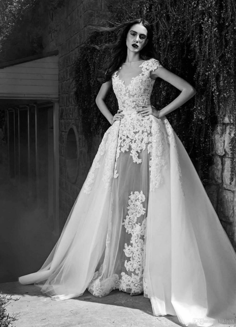 Hochzeit - Charming Zuhair Murad Lace Sheer Illusion Wedding Dresses Cap Sleeves Detachable Train Applique Tulle Bridal Ball Gown Sweep Train Open Back Online with $113.88/Piece on Hjklp88's Store 