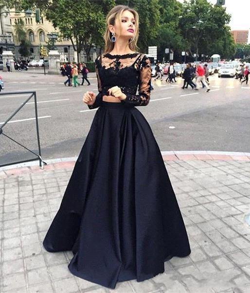 Свадьба - 2016 Black Two Pieces Evening Dresses Gowns Sheer Crew Long Sleeves Lace Satin Floor Length Women Prom Formal Dress Pageant Long Party Online with $104.46/Piece on Hjklp88's Store 