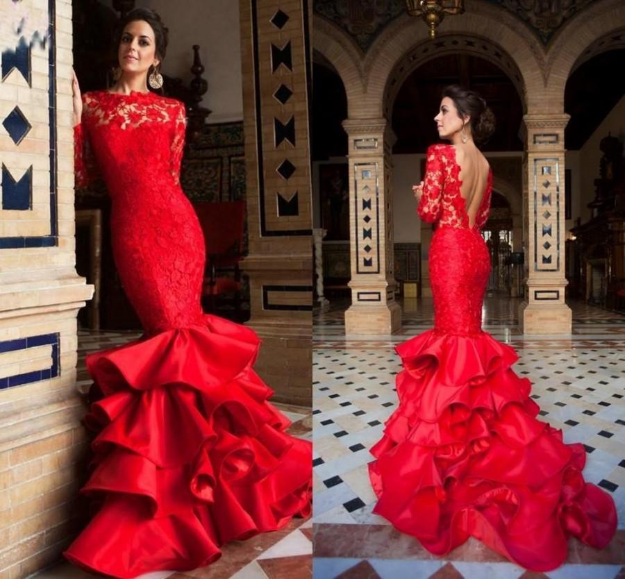 Hochzeit - Sexy Long Sleeve Red Evening Dresses Mermaid Prom Ruffle 2016 Lace Applique Tiers Formal Long Party Dresses Gowns Backless Illusion Online with $113.88/Piece on Hjklp88's Store 