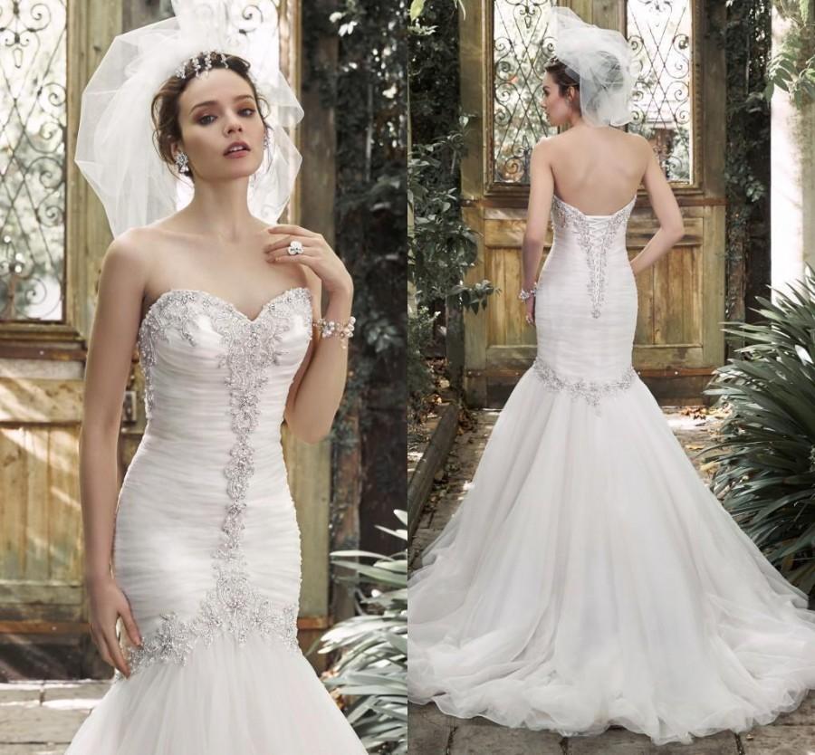 Wedding - Luxury Mermaid Wedding Dresses 2016 Perfect Beads Sequins Pleated Tulle Custom Made Bridal Gowns Chapel Train Sweetheart Neckline Online with $109.95/Piece on Hjklp88's Store 