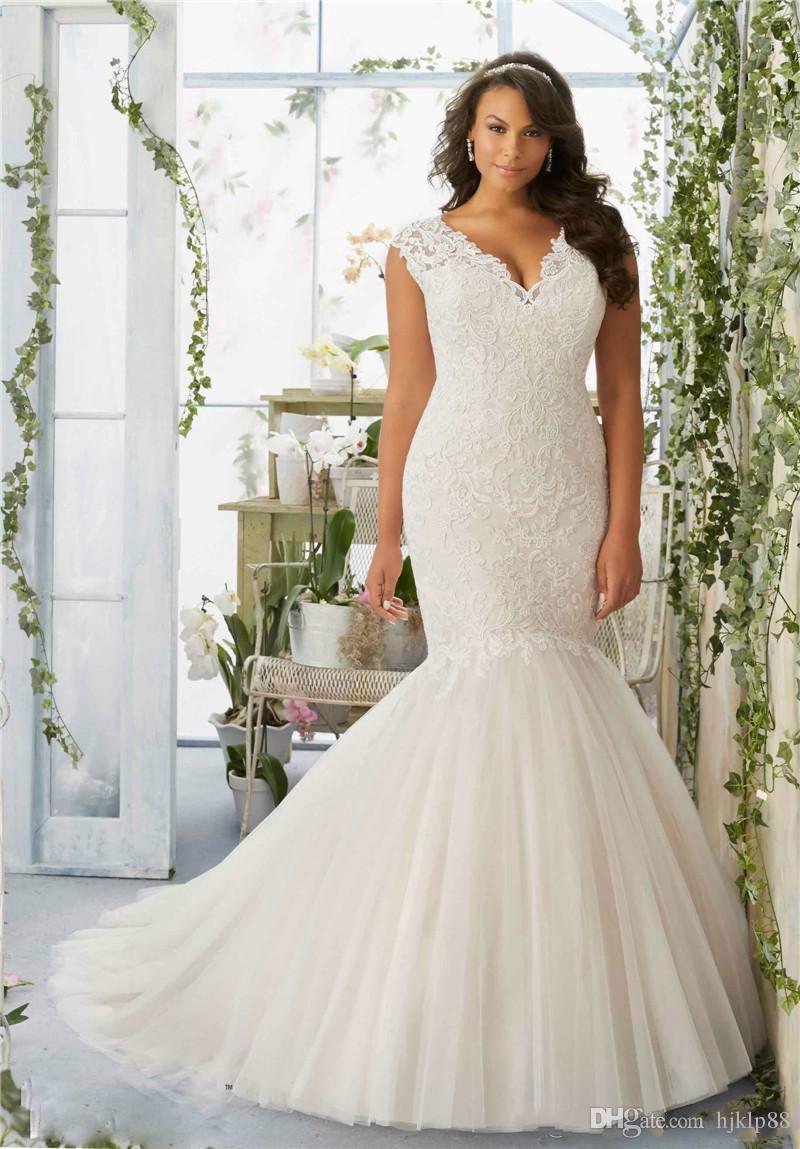 Mariage - Stunning Plus Size Mermaid Wedding Dresses V-Neck Capped Applique Tulle Lace 2016 Newest Bridal Gowns Chapel Train Illusion Bodice Online with $108.37/Piece on Hjklp88's Store 