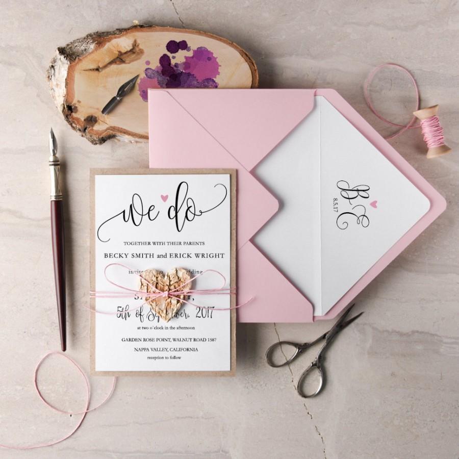 Свадьба - We Do Wedding Invitation Suite (20), Rustic Wedding Invitation Set, Pink Wedding Invitations, Wooden heart Invites, Blush Invitations