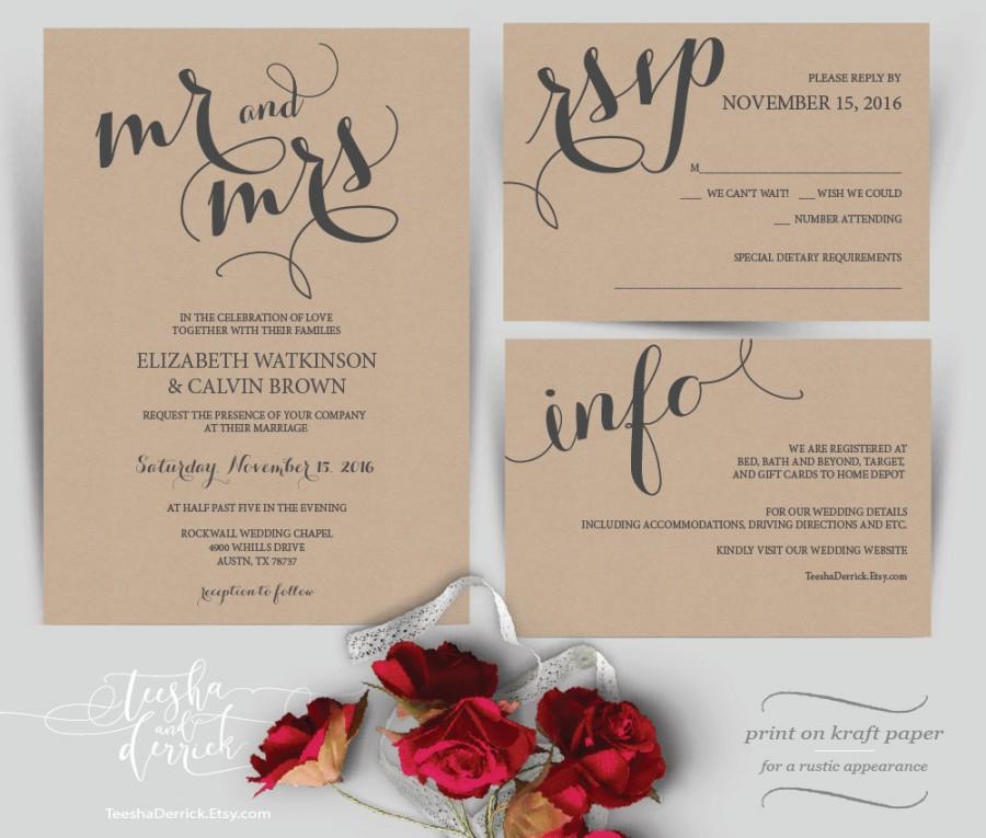 Wedding - Mr and Mrs Wedding Invitation Instant Download Printable Template, Kraft Wedding Invitation Set in PDF, Rustic Invitation Set (y0107)