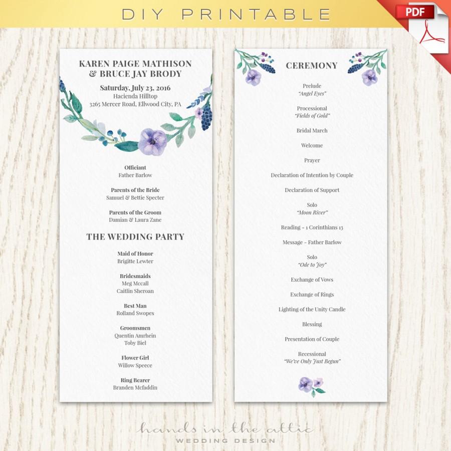 Свадьба - Wedding program, template printable, printable program, ceremony program, floral program, digital download, DIY lavender wedding, PDF