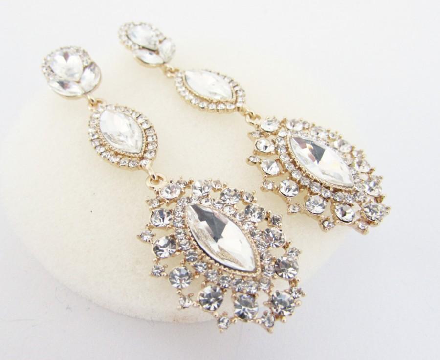 Hochzeit - Long Rhinestone and Crystal Earrings, Bridal Earrings, Vintage Wedding, Gold Rhinestone Jewellery, Decorative Earrings, Crystal Earrings