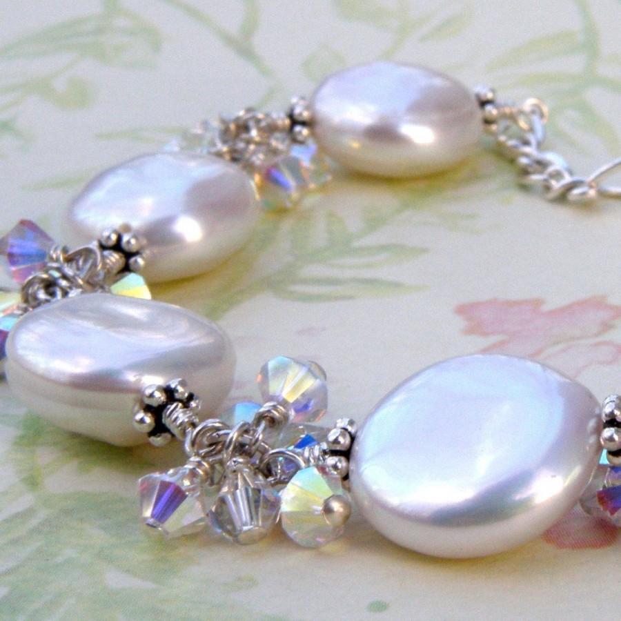 Wedding - Coin Pearl Bracelet, White Freshwater Pearl, Bridal Accessory, Wedding Handmade Jewelry, Formal Bride, Artisan, June Birthday Birthstone