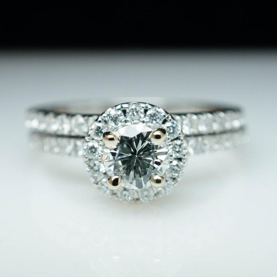 Hochzeit - Simple .95cttw Solitaire Round Diamond Halo Engagement Ring & Band Set - 14k White Gold - Size 6 (Complete Bridal Wedding Set)