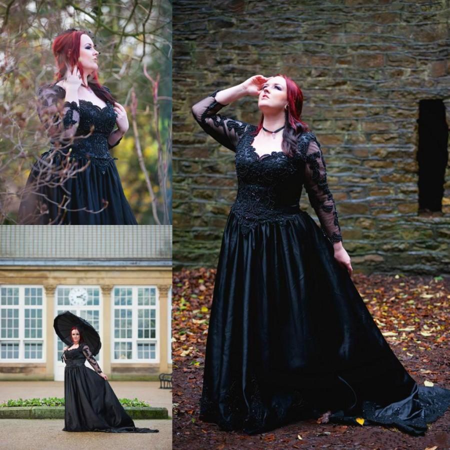 Свадьба - New Style Black Gothic Plus Sizes Wedding Dresses With Illusion Long Sleeve Sequins Beads Applique Sweep Train Bridal Ball Gowns Online with $121.73/Piece on Hjklp88's Store 