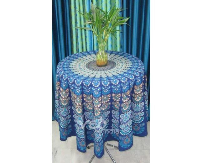 Mariage - Blue Round Peacock Mandala Tapestry