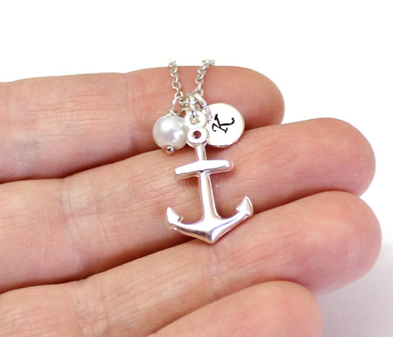 Wedding - Personalized Hand Stamped Initial Anchor Necklace, Nautical Necklace, Anchor Pendant, Anchor Jewelry, Pearl Necklace, Bridesmaid Gifts