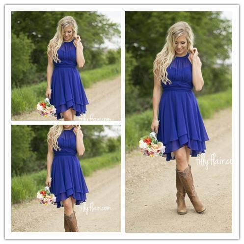 زفاف - Cheap Country Bridesmaid Dresses Short 2016 Royal Blue Modest Knee Length New Prom Gowns Real Photo Jewel Neck Chiffon Beach Wedding Party Online with $61.28/Piece on Hjklp88's Store 