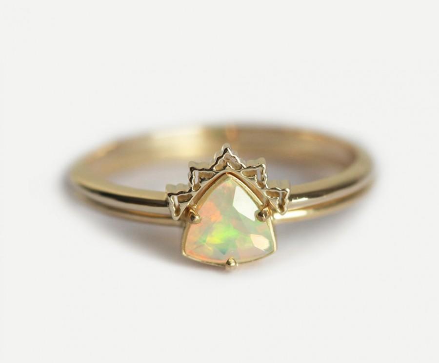 Wedding - Opal Engagement Ring Set, Opal Wedding Ring, Lace Wedding Set, Lace Wedding Band, Wedding Ring Set, Trillion Opal Ring