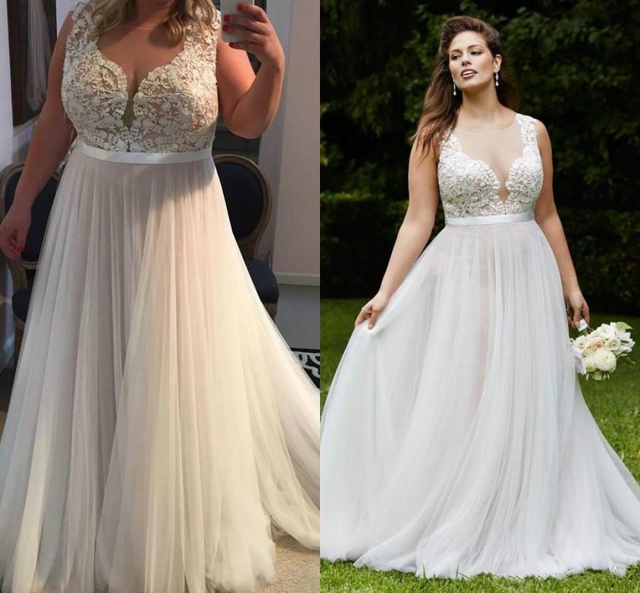 Свадьба - Real Picture Sheer 2016 Wedding Dresses A-Line Cheap Tulle Applique Spring Plus Size Sleeveless Bridal Dresses Ball Gowns Sweep Train Online with $96.6/Piece on Hjklp88's Store 