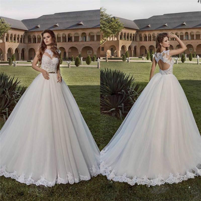 Hochzeit - New Arrivals Crew Neck White Wedding Dresses Sash Applique Lace Hollow Back Tulle 2016 Bridal Ball Gown Chapel Train Online with $109.95/Piece on Hjklp88's Store 