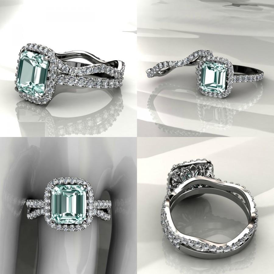 Wedding - Aquamarine Halo Engagement Ring with Matching Band, Wedding Set, March Birthstone (available in white, rose, yellow gold and platinum)