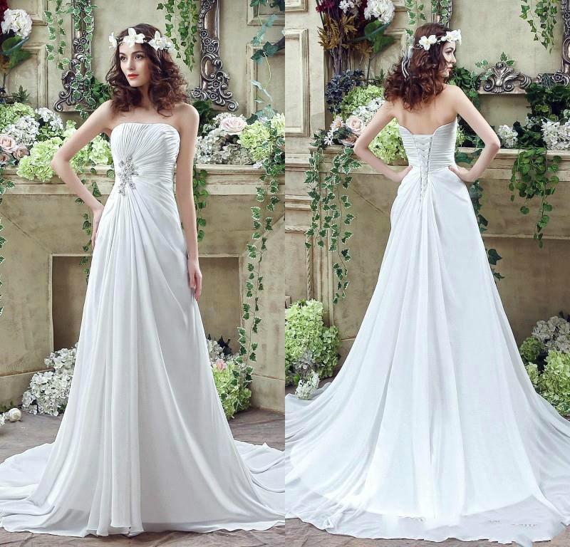 Mariage - 2016 Spring Chiffon Wedding Dresses Strapless Crystal Pleated A-Line Cheap Garden Bridal Dresses Ball Gowns Sweep Train Simple Style Online with $89.53/Piece on Hjklp88's Store 