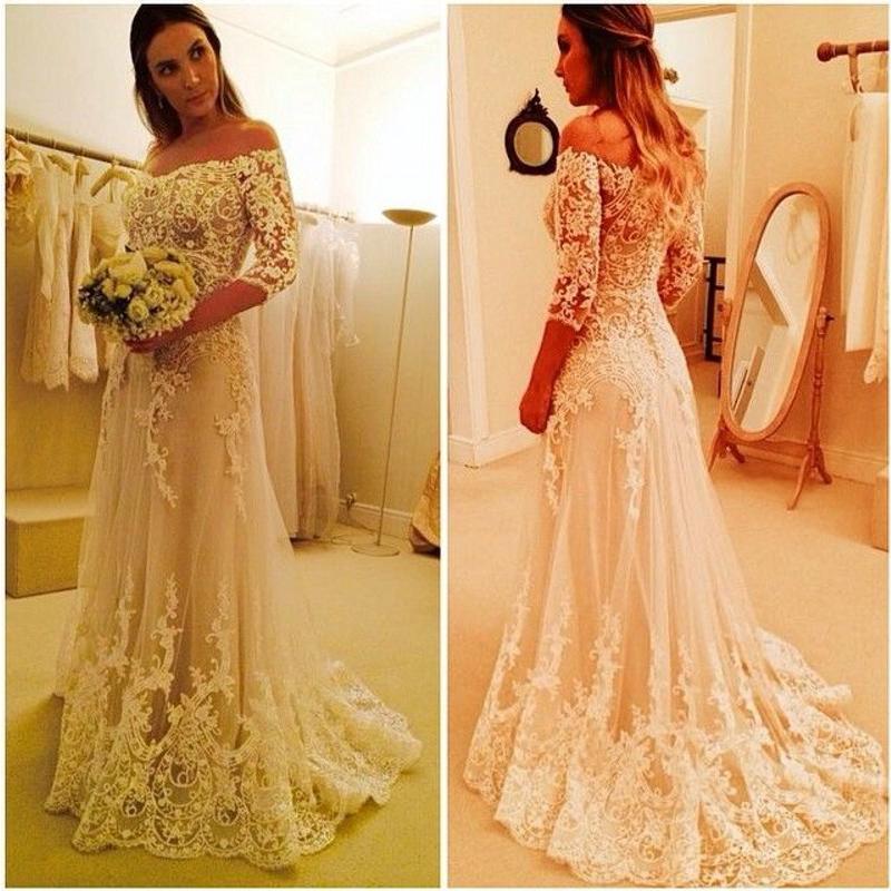 Свадьба - Stunning Half Sleeve Illusion Sheer 2016 Wedding Dresses Full Lace Applique A-Line Cheap Ivory Garden Bridal Ball Gowns Sweep Train Online with $111.52/Piece on Hjklp88's Store 