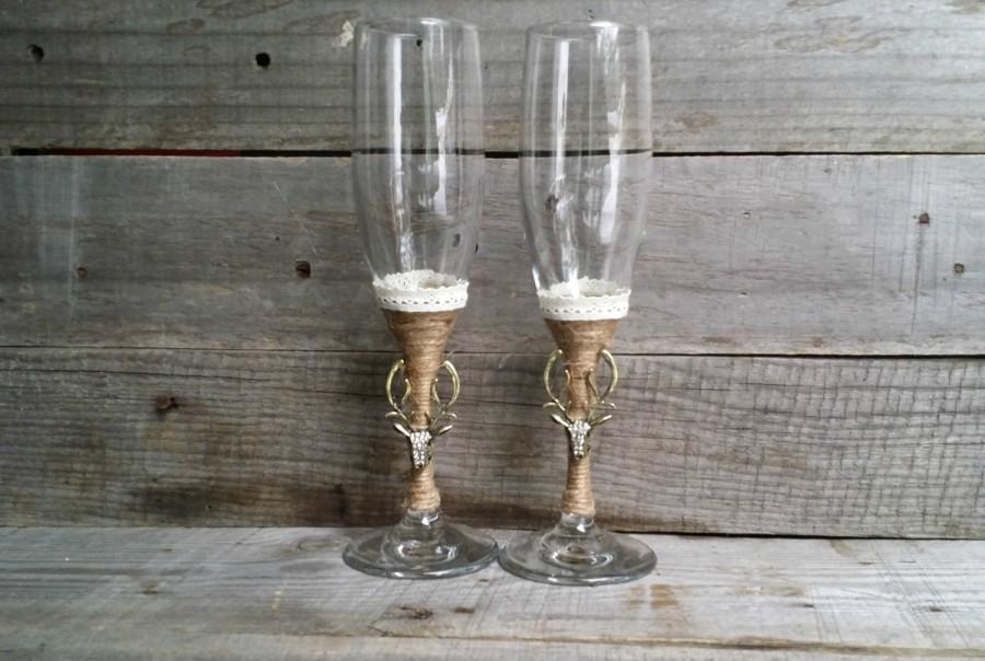 Wedding - Rustic Wedding Toasting Glasses with Deer Antler Charms, Twine and Lace, Champagne Flutes, Bride and Groom Wine Glasses,  Woodland Wedding