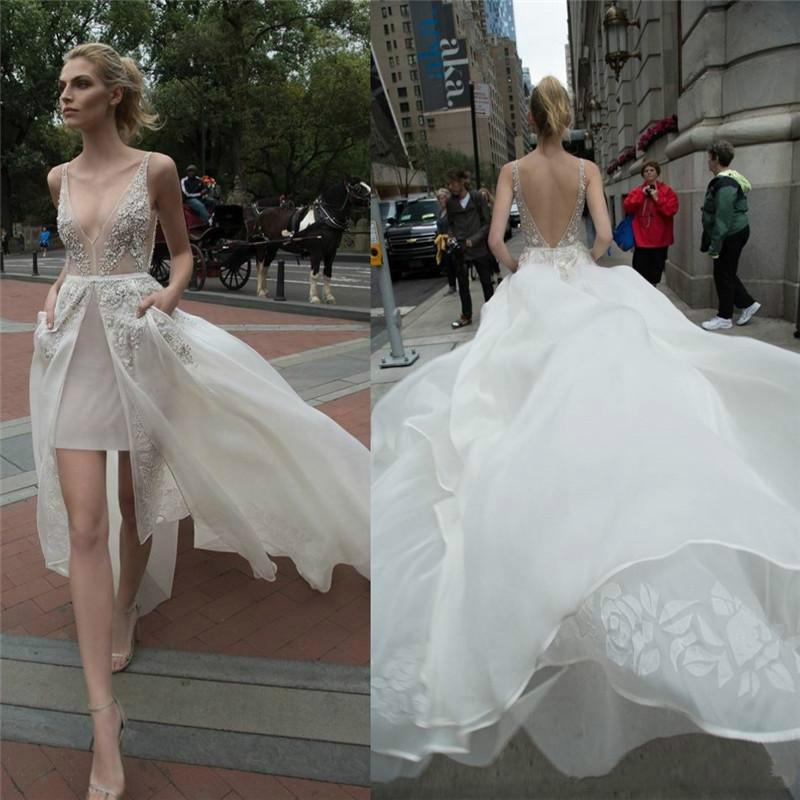 Свадьба - Sexy 2016 High-low Applique Wedding Dresses Plunging V-Neckline Backless Bridal Gowns Custom Made Inbal Dror Wedding Ball Online with $106.81/Piece on Hjklp88's Store 