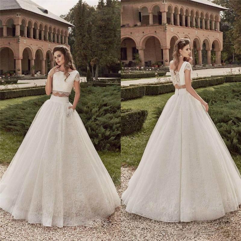 Wedding - New Designer Two Pieces Lace Wedding Dresses A-Line Garden Spring Cap Sleeve 2016 A-Line Bridal Ball Gowns Chapel Train Custom Online with $110.74/Piece on Hjklp88's Store 
