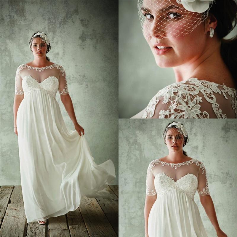 Mariage - Simple Style Garden Chiffon Wedding Dresses 2016 Short Sleeve Plus Size Applique Sheer Bridal Ball Gowns Custom Floor Length Online with $93.46/Piece on Hjklp88's Store 