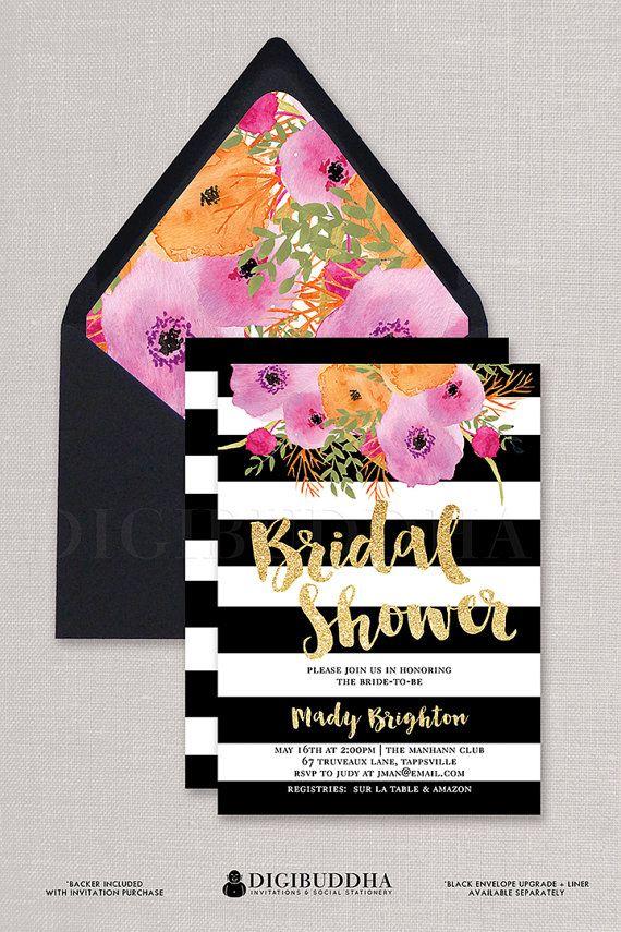 Hochzeit - Black & White Bridal Shower Invitation Stripes Gold Glitter Modern Watercolor Flowers Wedding FREE PRIORITY SHIPPING Or DiY Printable- Mady