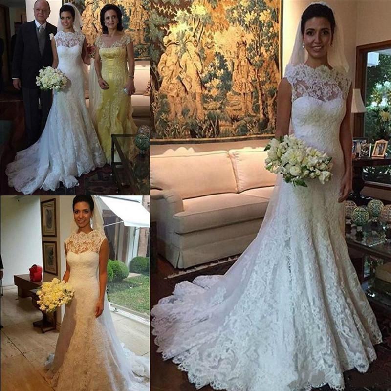 Mariage - Real Image Crew Neck Wedding Dresses Illusion Sheer Applique Lace Fall Chapel Train A Line Sleeveless Bridal Dress Ball Gowns Online with $113.09/Piece on Hjklp88's Store 