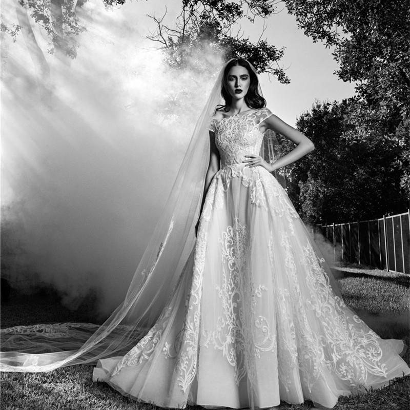 Mariage - Charming Lace Wedding Dresses Applique Sheer Spring 2016 Zuhair Murad Bridal Ball Gown Cap Sleeve Tulle Chapel Train Custom Online with $115.45/Piece on Hjklp88's Store 