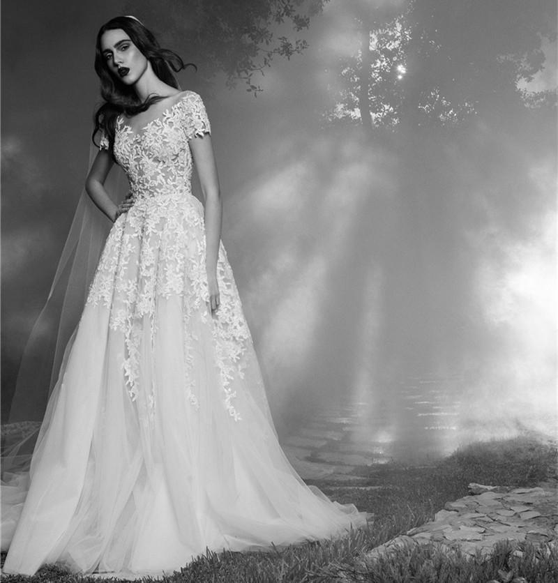 Wedding - Stunning Short Sleeve Zuhair Murd Wedding Dresses Tulle Lace Sheer 2016 Applique Bridal Dresses Ball Gowns Chapel Train Custom Online with $112.31/Piece on Hjklp88's Store 