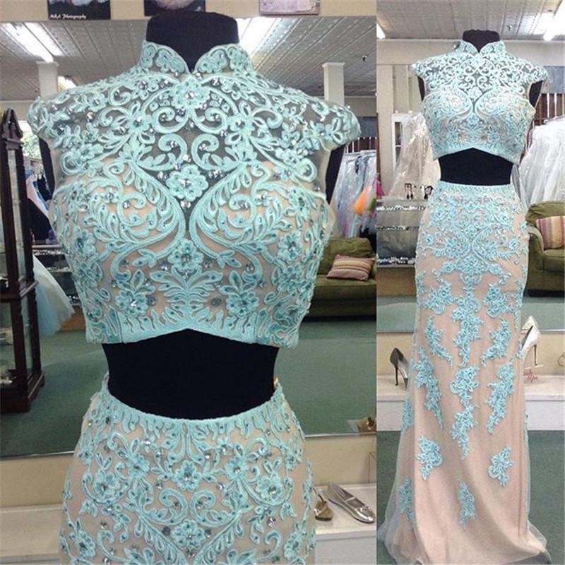 Mariage - Real Image Two Pieces Sheer Evening Dresses Beads 2016 Applique Sexy Cheap Custom Formal Party Dress Pageant Long Prom Online with $106.81/Piece on Hjklp88's Store 