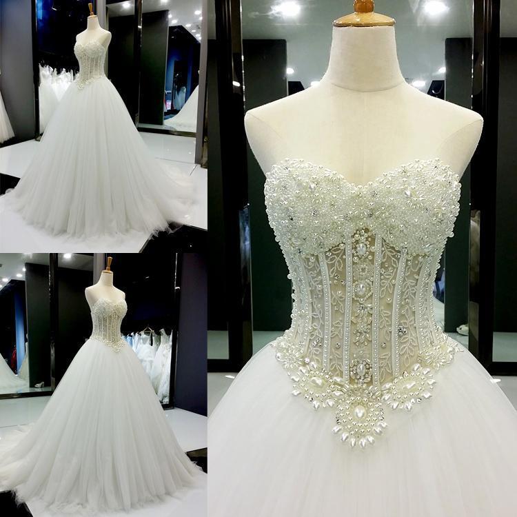 Wedding - Real Picture Crystal 2016 Wedding Dresses With Beads Sequins Tulle Chapel Train A Line Church Sweetheart Bridal Dress Ball Gowns Online with $113.88/Piece on Hjklp88's Store 