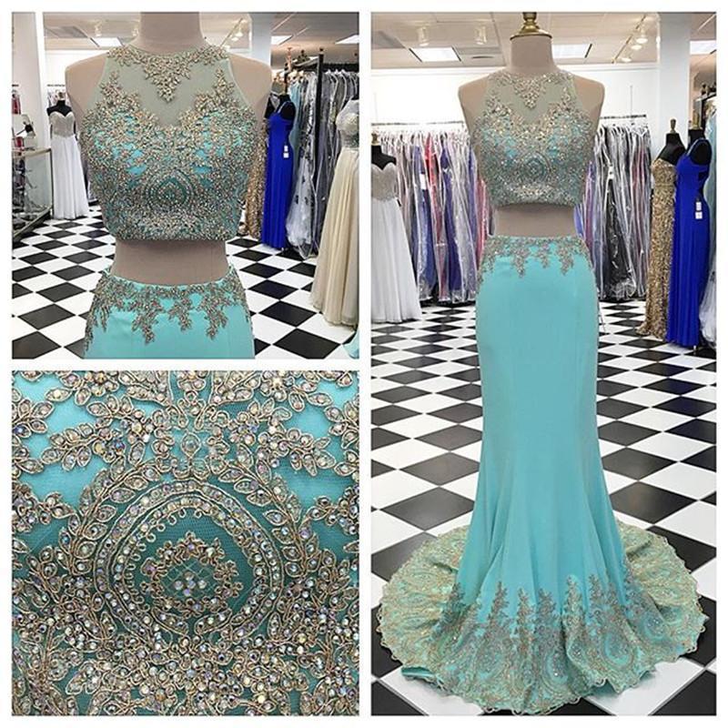 Mariage - Sexy Two Pieces Evening Dresses Sheer Crystal 2016 Applique Sequins Cheap Beads Long Prom Formal Party Dress Pageant Run Fashion Online with $105.24/Piece on Hjklp88's Store 