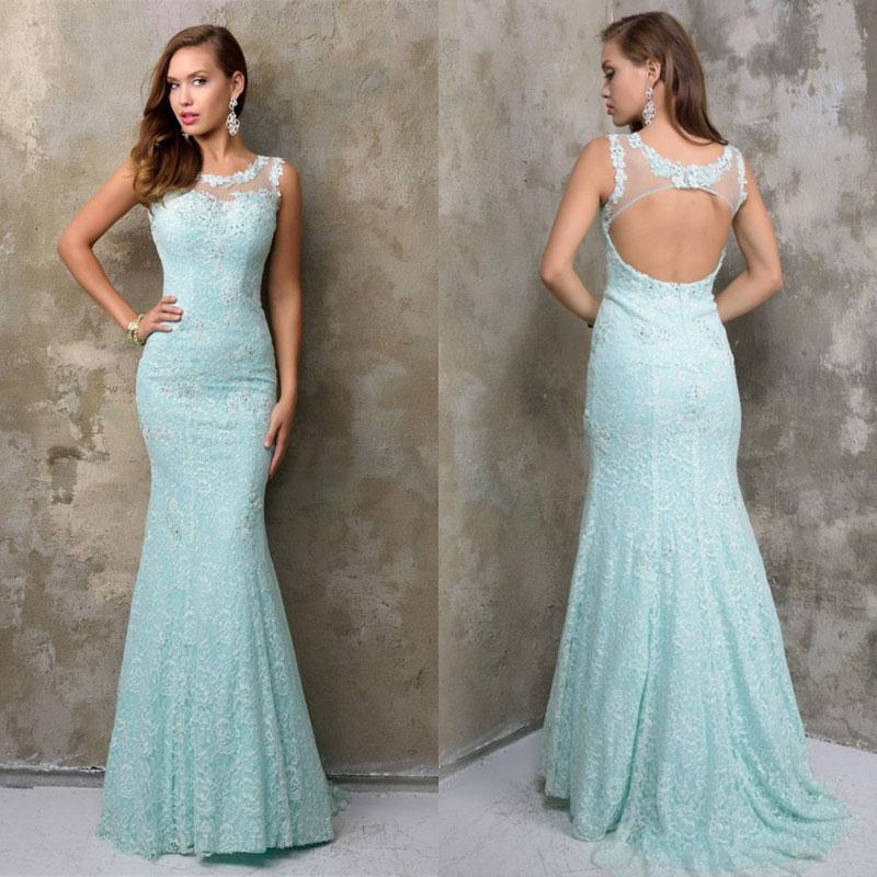 Mariage - Charming Mint Mermaid Lace Hollow Back Evening Dresses Sheer 2016 Applique Cheap Custom Formal Party Dress Pageant Long Prom Online with $102.88/Piece on Hjklp88's Store 