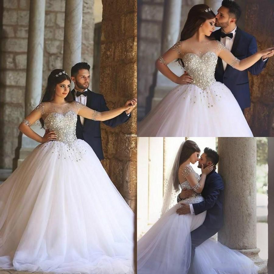 Wedding - Shinning Rhinestone Beaded Wedding Dresses Sheer Neck 2016 Crystal Illusion A-Line Half Sleeve Bridal Ball Gowns Chapel Train Online with $123.3/Piece on Hjklp88's Store 