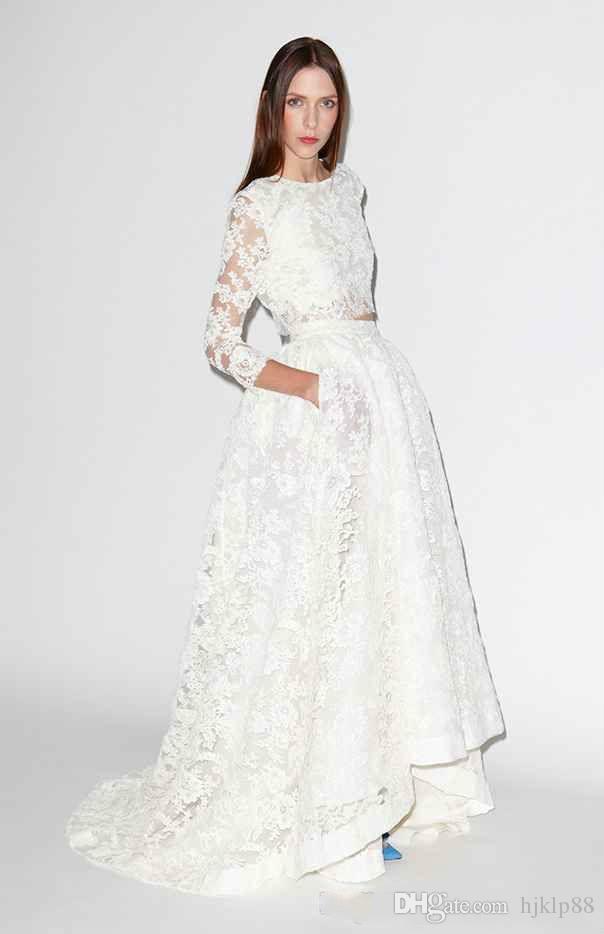 Hochzeit - Sexy Beach Two Pieces Wedding Dresses 2016 Long Sleeve Garden Illusion Applique Lace Sweep Train Bridal Dress Ball Gowns Online with $122.52/Piece on Hjklp88's Store 