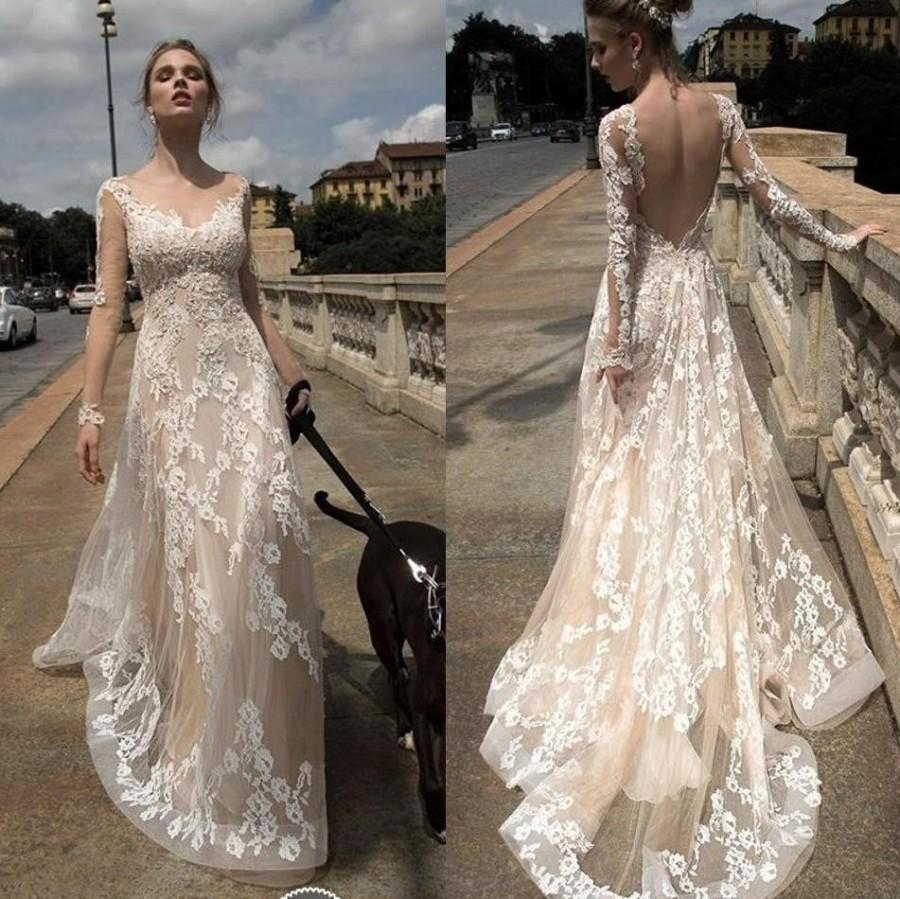 Wedding - 2016 Full Lace Sexy Backless Illusion Wedding Dresses A Line Fashion Bridal Ball Gowns Open Back With Long Sleeves Robe De Marriage Online with $120.16/Piece on Hjklp88's Store 