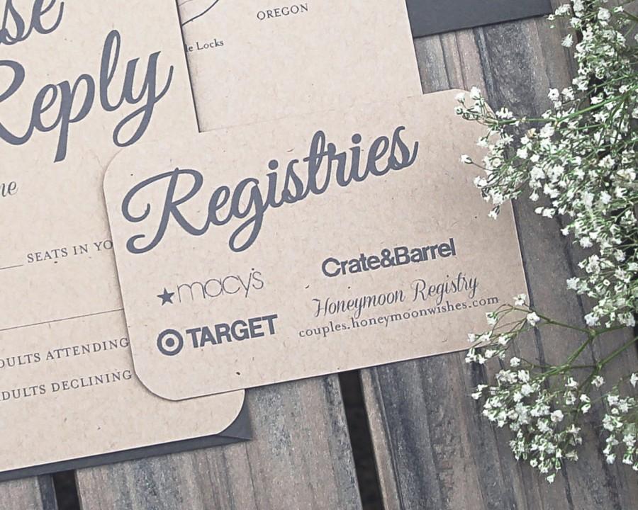 Mariage - Set of Rustic Paper Bag and Gray Elegant Modern Wedding Invitation Registry Cards Printable or Printed