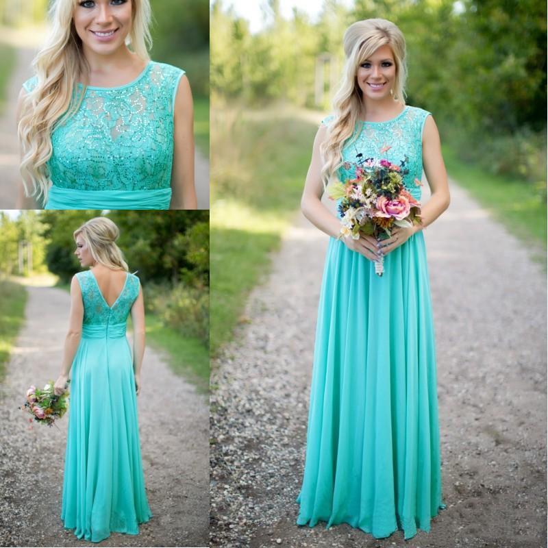 Hochzeit - Fantasy Turquoise Bridesmaid Dresses 2016 Cheap Crew Neck Sequined Lace Chiffon Long Prom Maid of Honor Wedding Party Dresses Online with $83.86/Piece on Hjklp88's Store 