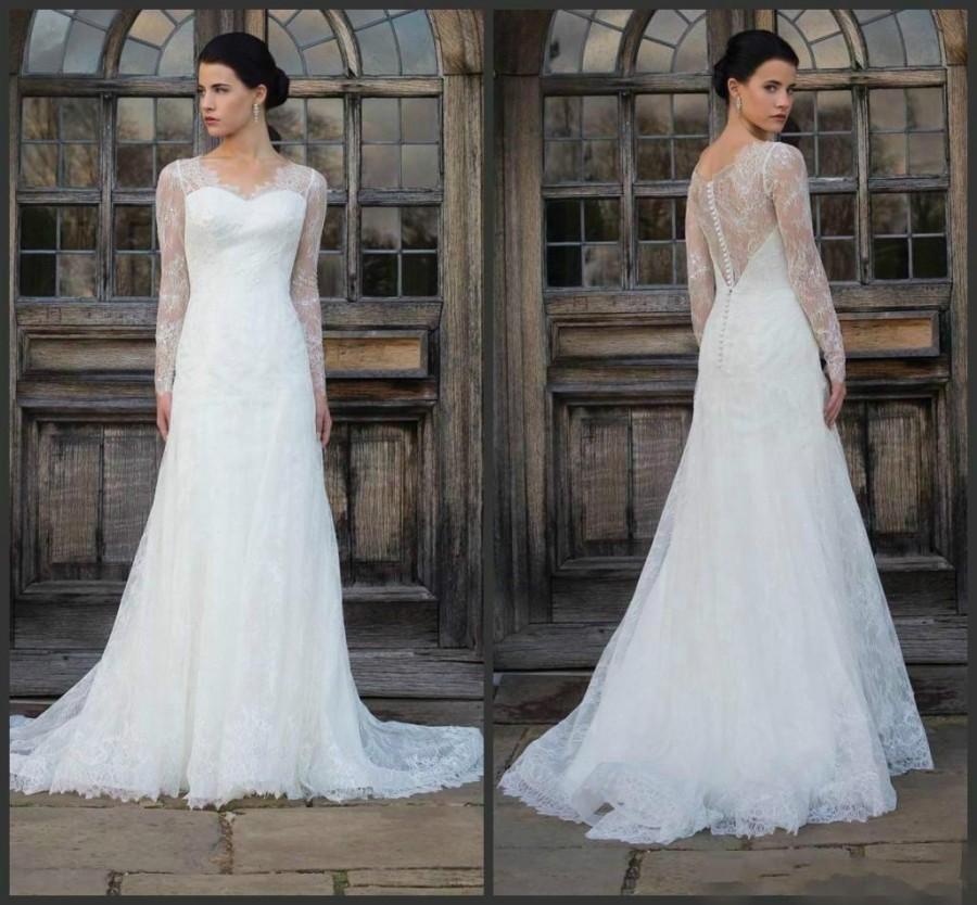 Wedding - New Arrival V Neck Wedding Dresses Bridal Gowns Sheer Illusion High Quality Lace Sweep Train Bridal Dress Layer Long SLeeves Online with $106.81/Piece on Hjklp88's Store 